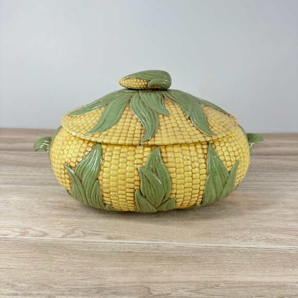 Vintage MKL Majolica Style Corn Soup Tureen Ceramic Lidded Vegetable Bowl - Picture 4 of 11